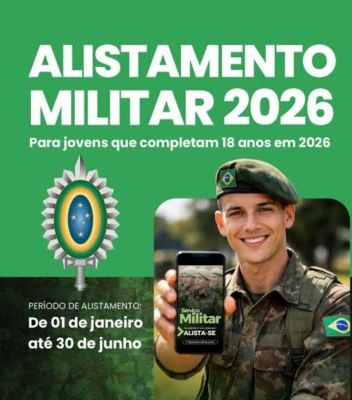 JOVENS NASCIDOS EM 2008 TÊM ATÉ O DIA 30 DE JUNHO/2026 PARA REALIZAREM O ALISTAMENTO MILITAR OBRIGATÓRIO.
