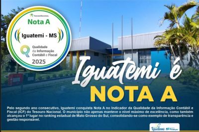 IGUATEMI É 1º LUGAR NO ESTADO E CONQUISTA NOTA A NO TESOURO NACIONAL PELO SEGUNDO ANO CONSECUTIVO.
