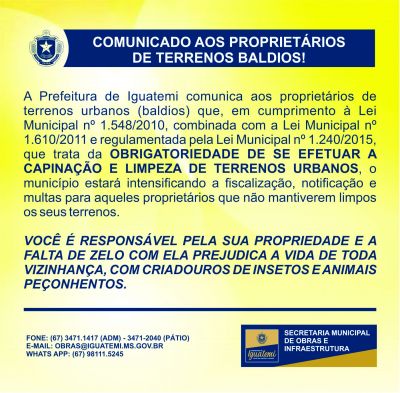 SECRETARIA DE OBRAS ALERTA PARA LIMPEZA DE TERRENOS BALDIOS.