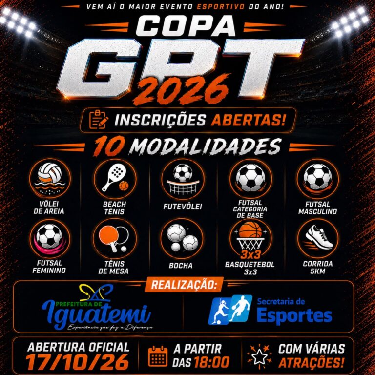 IGUATEMI TERÁ A MAIOR EDIÇÃO DA COPA GPT DE TODOS OS TEMPOS COM 10 MODALIDADES ESPORTIVAS E VÁRIAS CATEGORIAS.